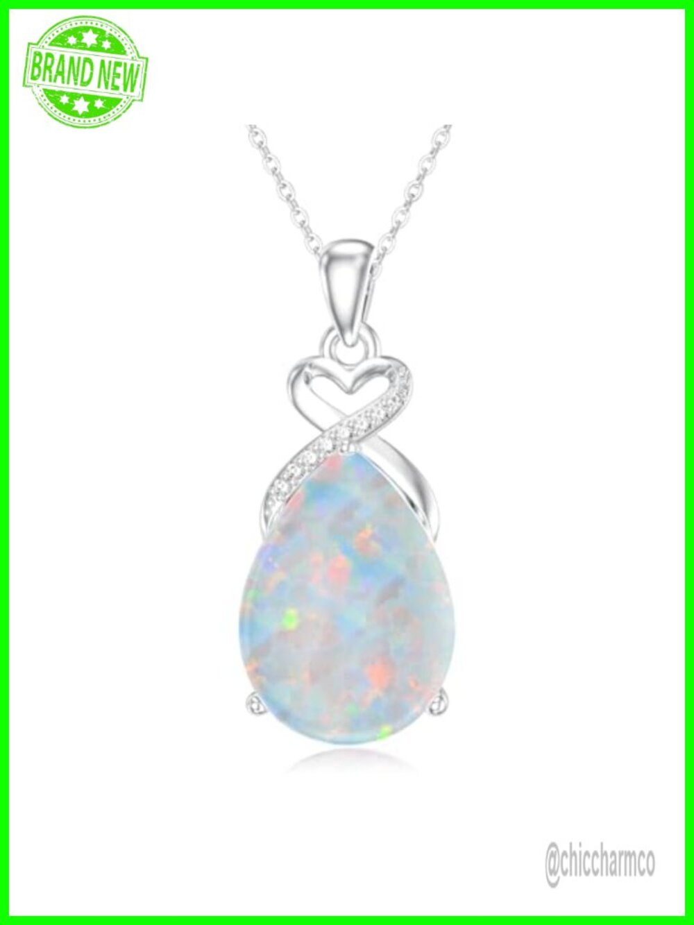 925 Sterling Silver Opal Teardrop Pendant Necklace Lab Diamond October